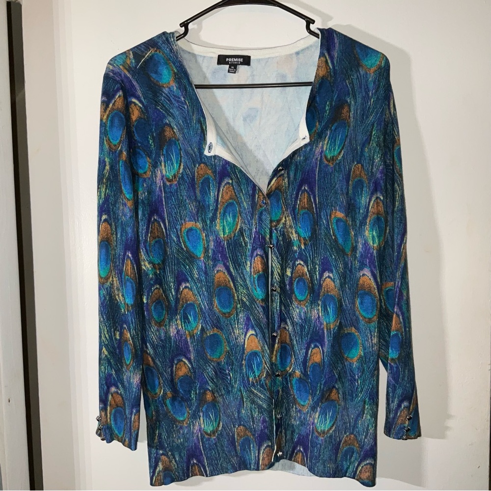 Premise Blue and Green Peacock Button front Sweater